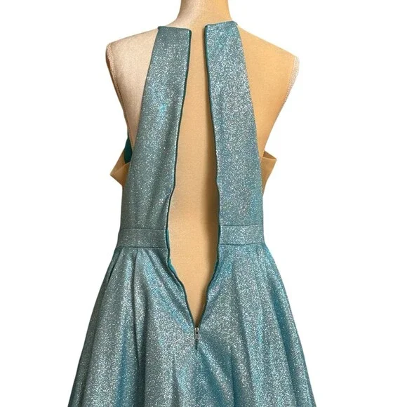Sherri Hill Cocktail Dress Sz. 10 Blue Short Halter Glitter Shimmer Prom Formal - Picture 8 of 16